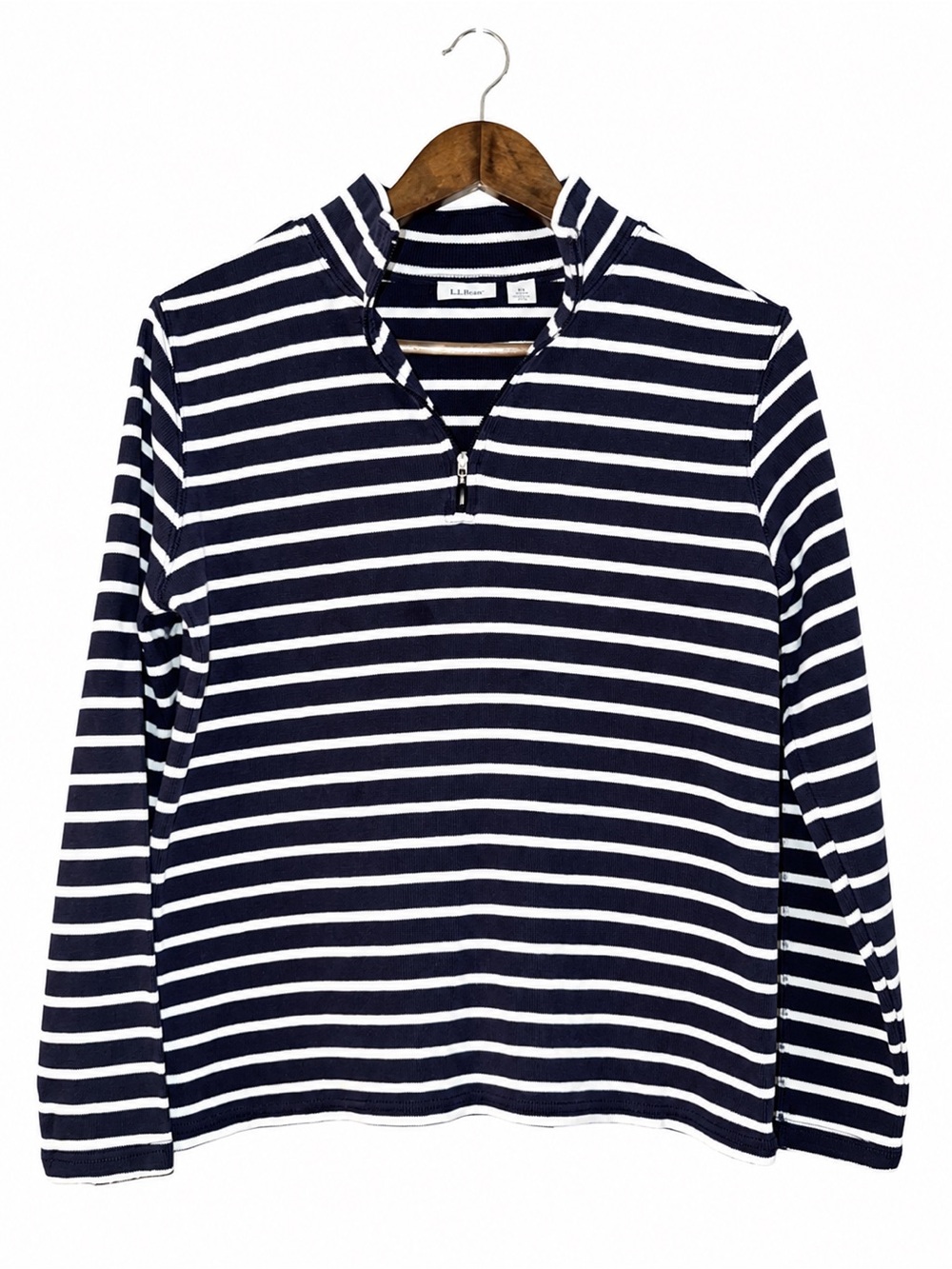 L.L.Bean Women’s M 100% Cotton Striped Quarter Zip Mock Neck Pullover Navy